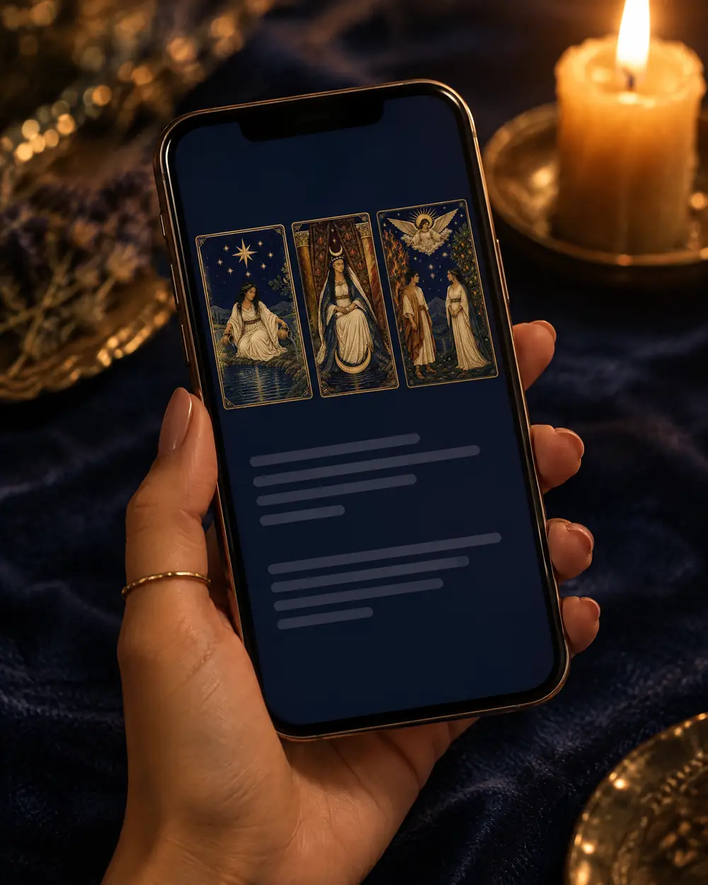 Celular con tres cartas de tarot en la pantalla, junto a una vela encendida